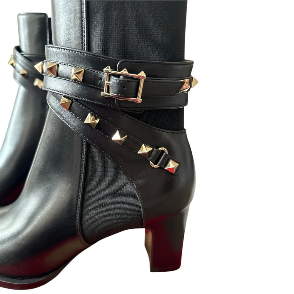 Valentino Rockstud Straps Block Heel Black Leather Ankle Booties Size 36 NWT - Picture 8 of 10
